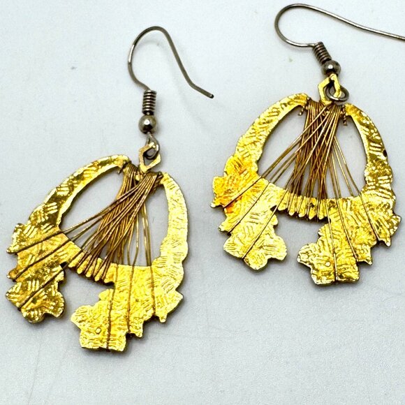 Vintage Cloisonne Gold Tone Floral Wreath Wired Pendant Earrings 2" X 1.25" - Picture 5 of 6